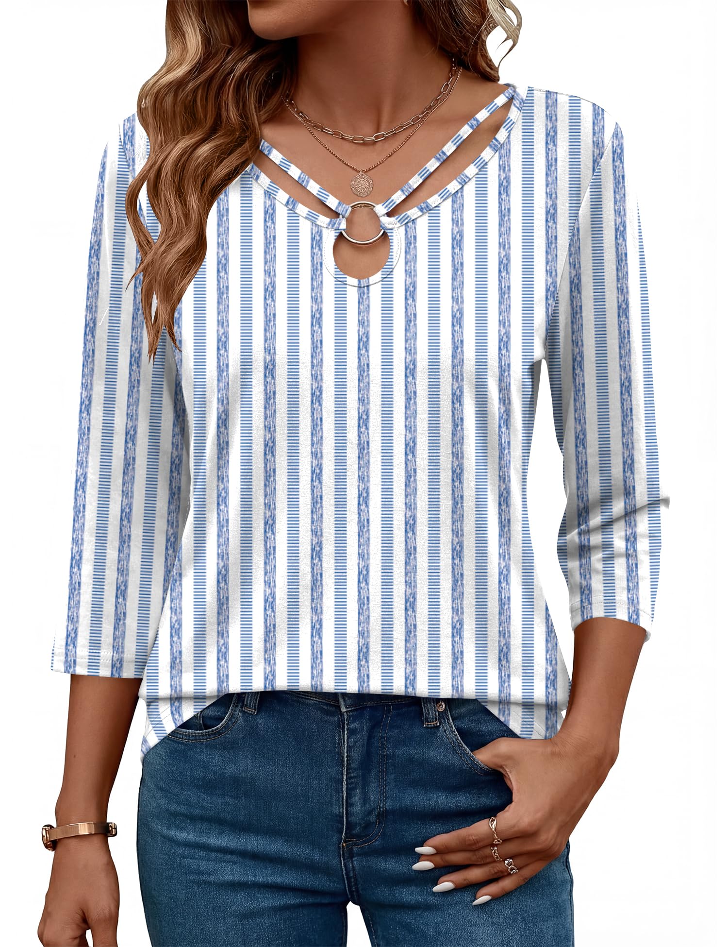 Rapbin 3/4 Length Sleeve Womens Tops Summer Cut Out Ring Keyhole Neck Dressy Casual Crew Neck Tee Shirts 2026
