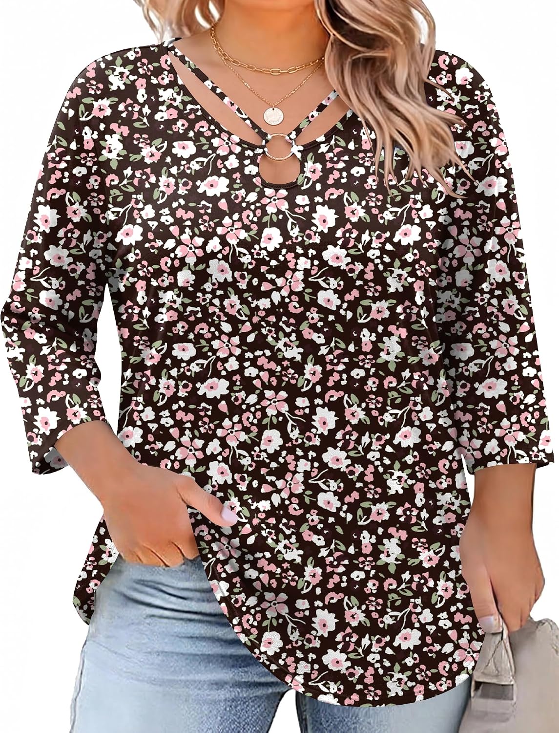 Rapbin Womens Plus Size Tops 3/4 Sleeve Shirts Summer Cut Out Ring Keyhole Neck Dressy Casual Loose Tunic Tops 1X-5X