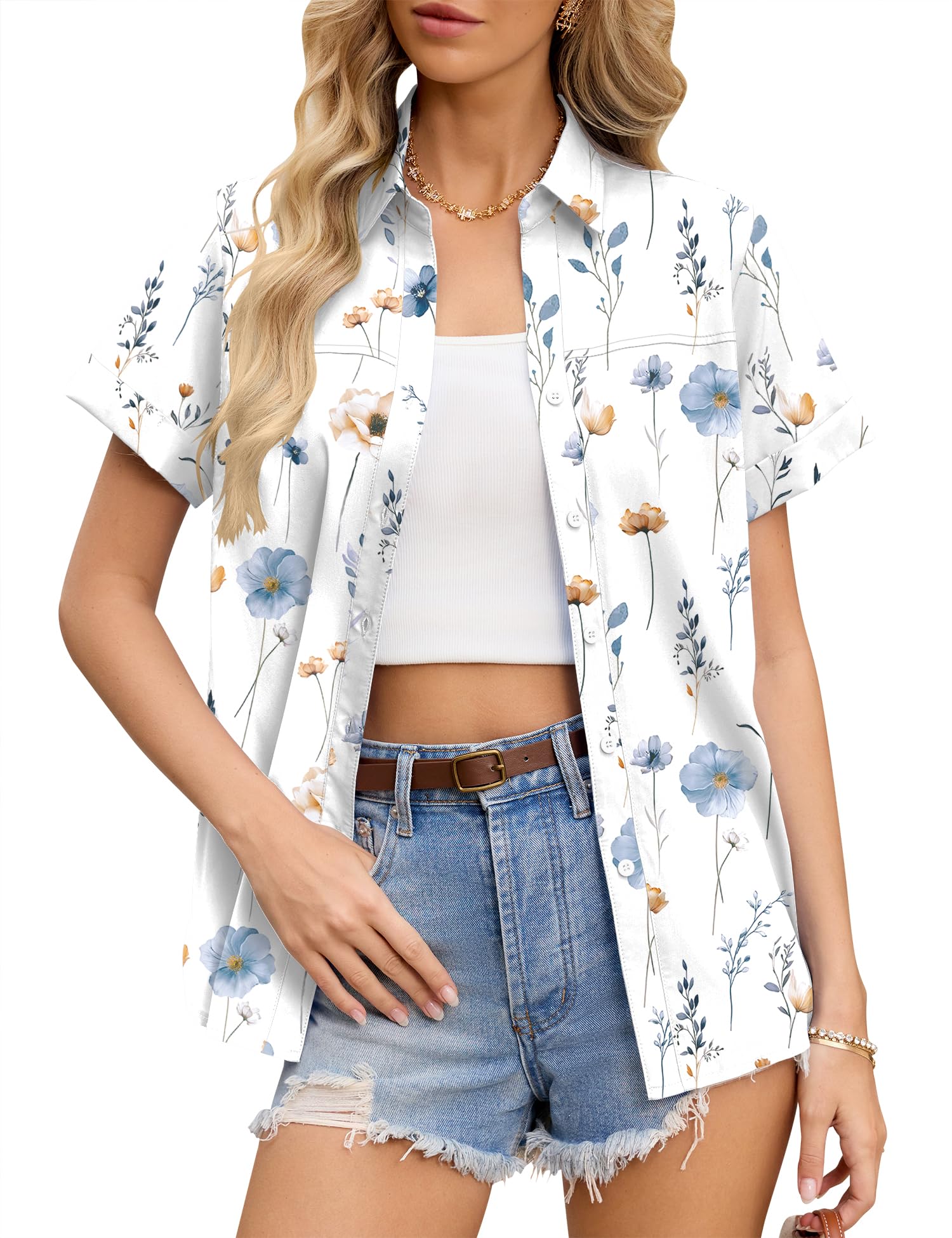 Rapbin Women's Button Down Shirt Short Sleeve Casual Blouse Shirts V Neck Collared Tops
