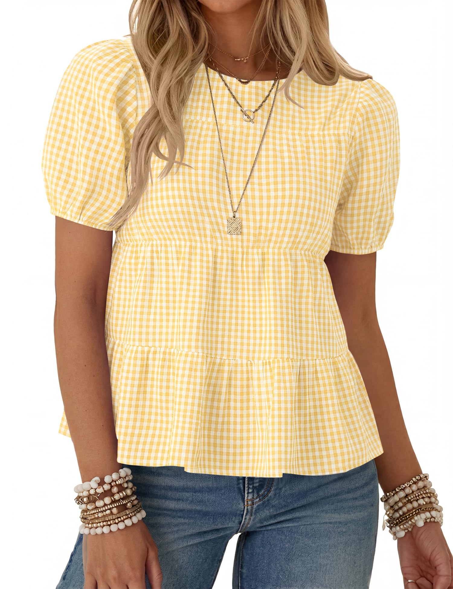 Rapbin Womens Puff Short Sleeve Babydoll Tops Summer Peplum Pleated Cotton T Shirts Casual Loose Fit Flowy Blouses