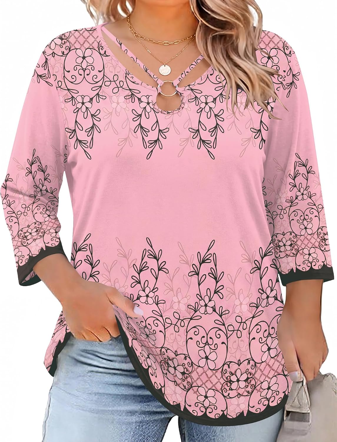 Rapbin Womens Plus Size Tops 3/4 Sleeve Shirts Summer Cut Out Ring Keyhole Neck Dressy Casual Loose Tunic Tops 1X-5X