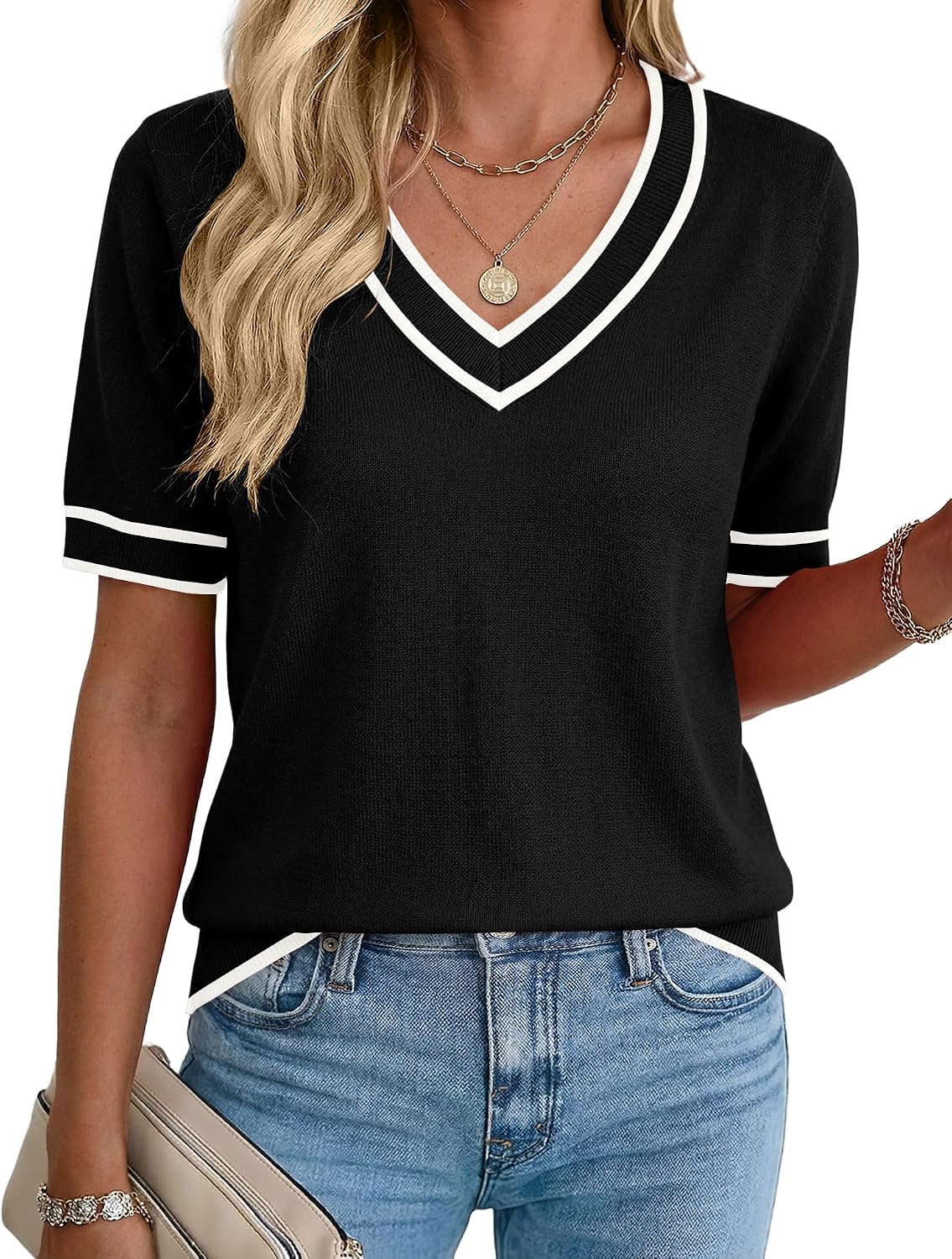 Rapbin Womens Summer Sweaters Short Sleeve Tops V Neck Knit Shirts