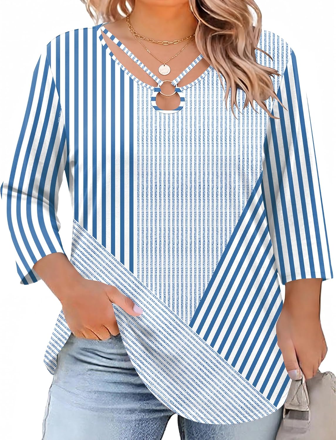 Rapbin Womens Plus Size Tops 3/4 Sleeve Shirts Summer Cut Out Ring Keyhole Neck Dressy Casual Loose Tunic Tops 1X-5X