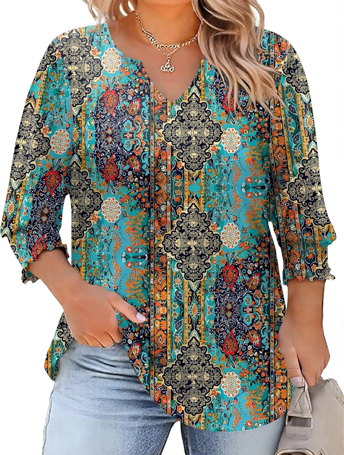 Rapbin Womens Plus Size Tops 3/4 Sleeve Blouses Shirts Casual V Neck Loose Tunic Tops 1X-5X