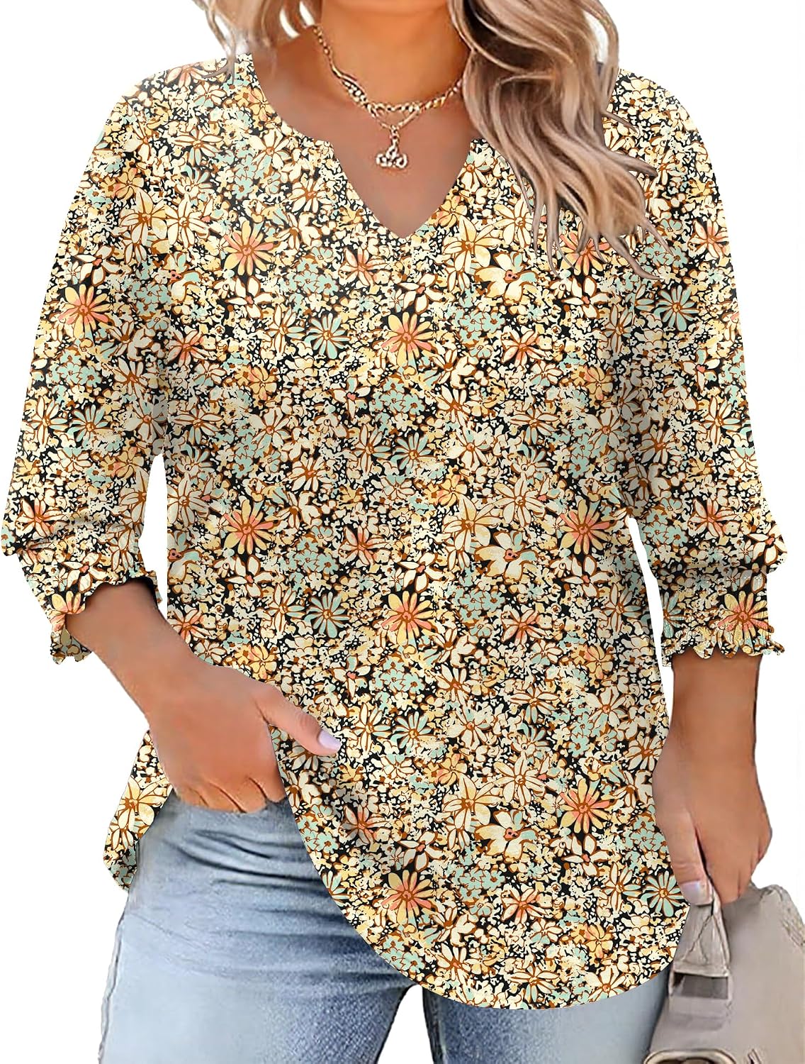 Rapbin Womens Plus Size Tops 3/4 Sleeve Blouses Shirts Casual V Neck Loose Tunic Tops 1X-5X