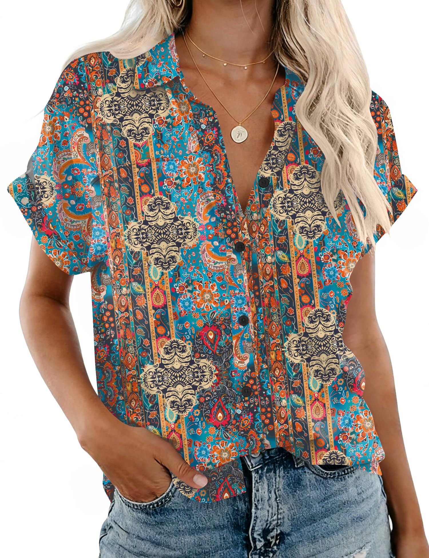 Rapbin Women's Button Down Shirt Short Sleeve Casual Blouse Shirts V Neck Collared Tops