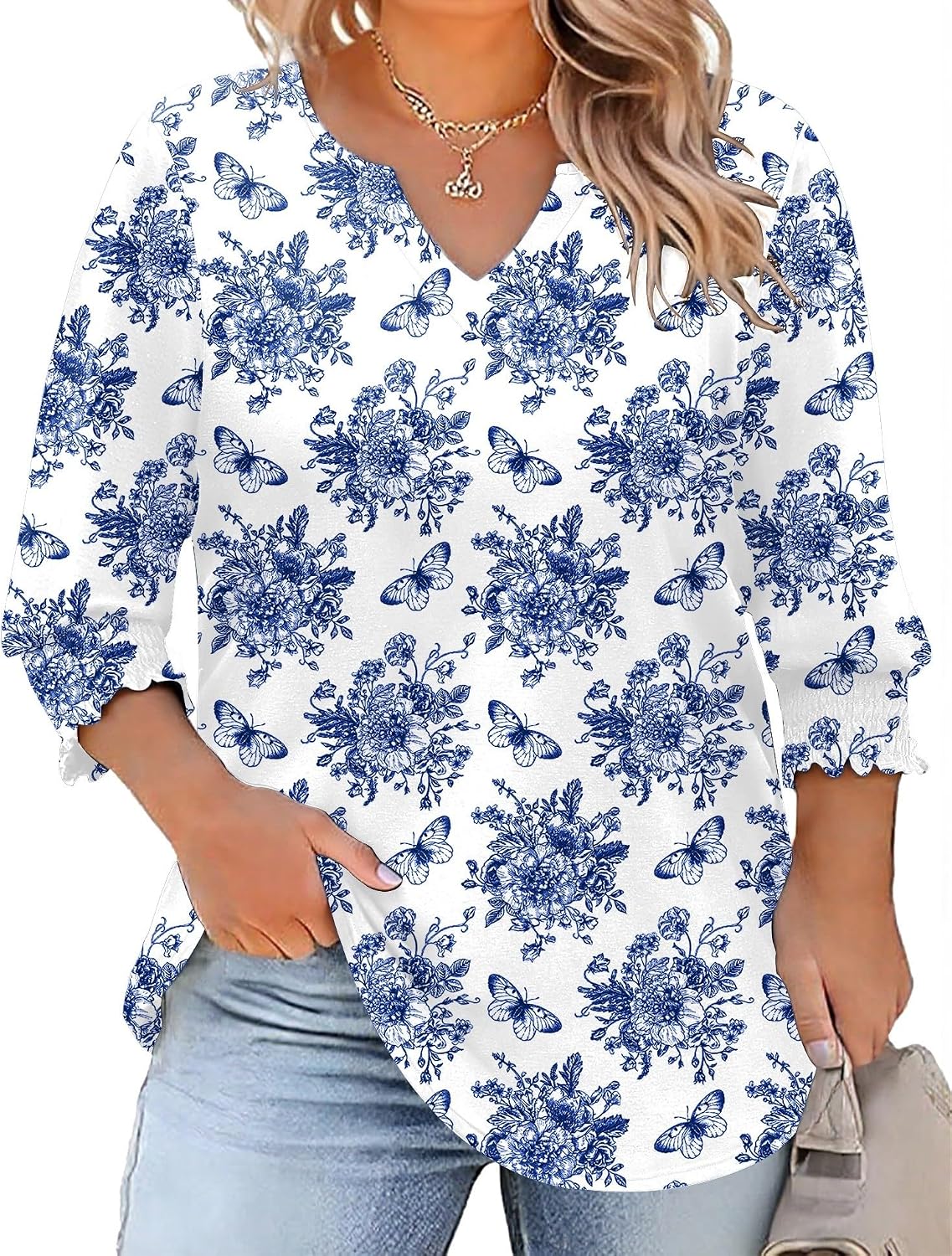 Rapbin Womens Plus Size Tops 3/4 Sleeve Blouses Shirts Casual V Neck Loose Tunic Tops 1X-5X