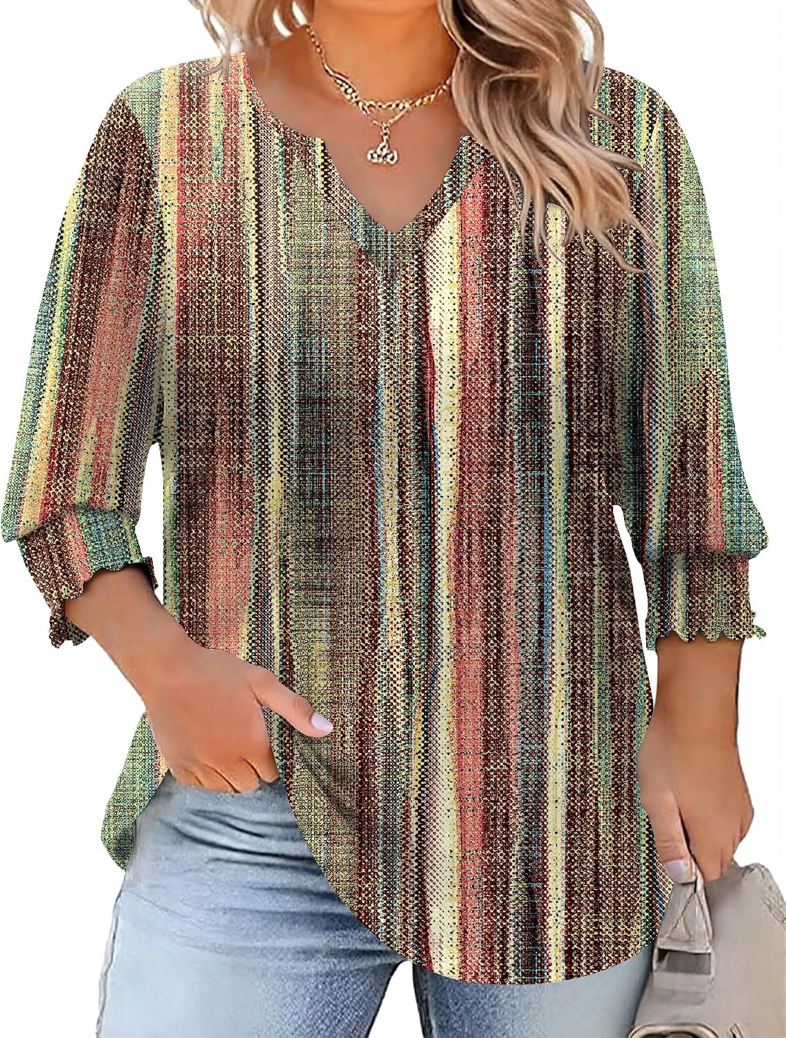 Rapbin Womens Plus Size Tops 3/4 Sleeve Blouses Shirts Casual V Neck Loose Tunic Tops 1X-5X