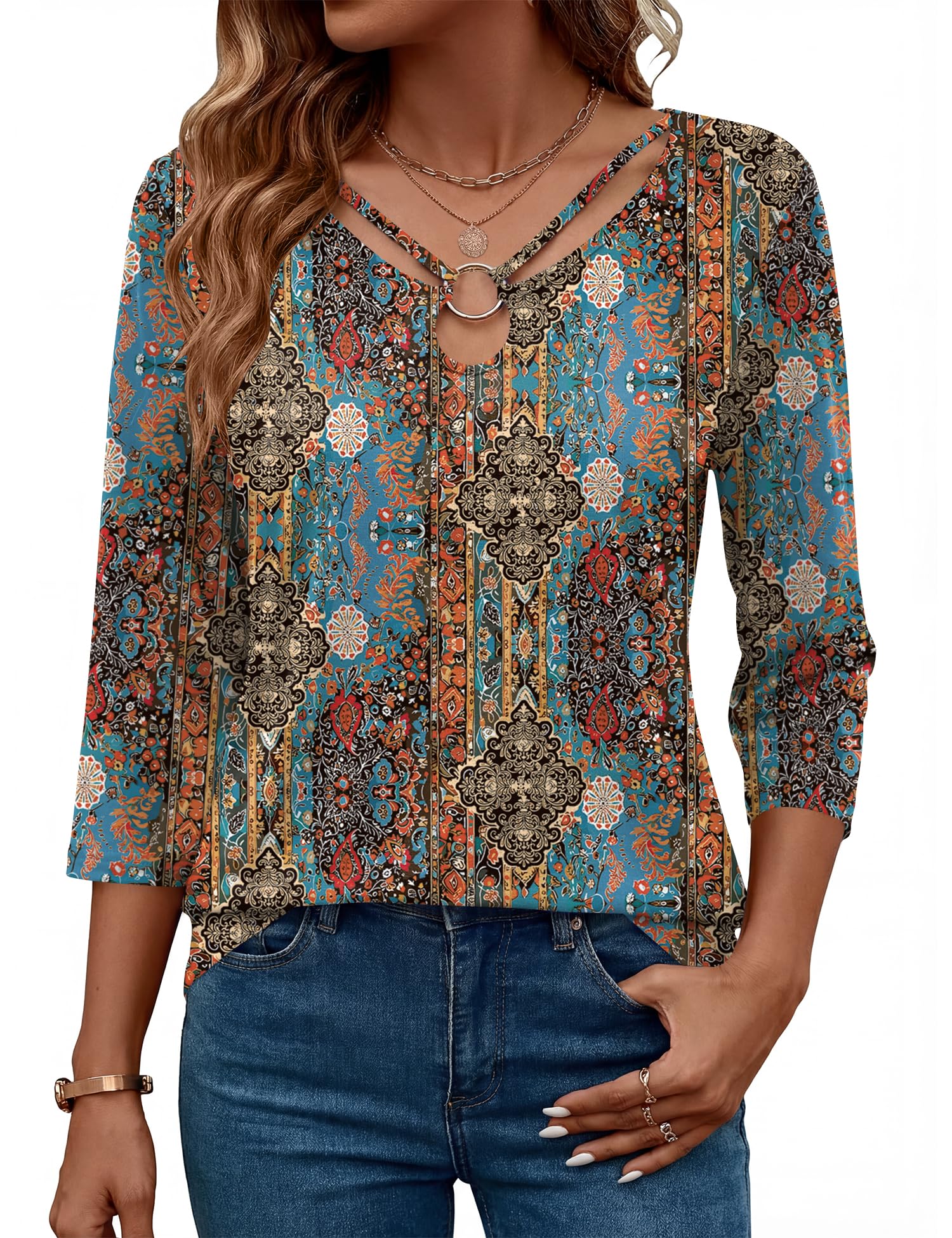 Rapbin 3/4 Length Sleeve Womens Tops Summer Cut Out Ring Keyhole Neck Dressy Casual Crew Neck Tee Shirts 2026