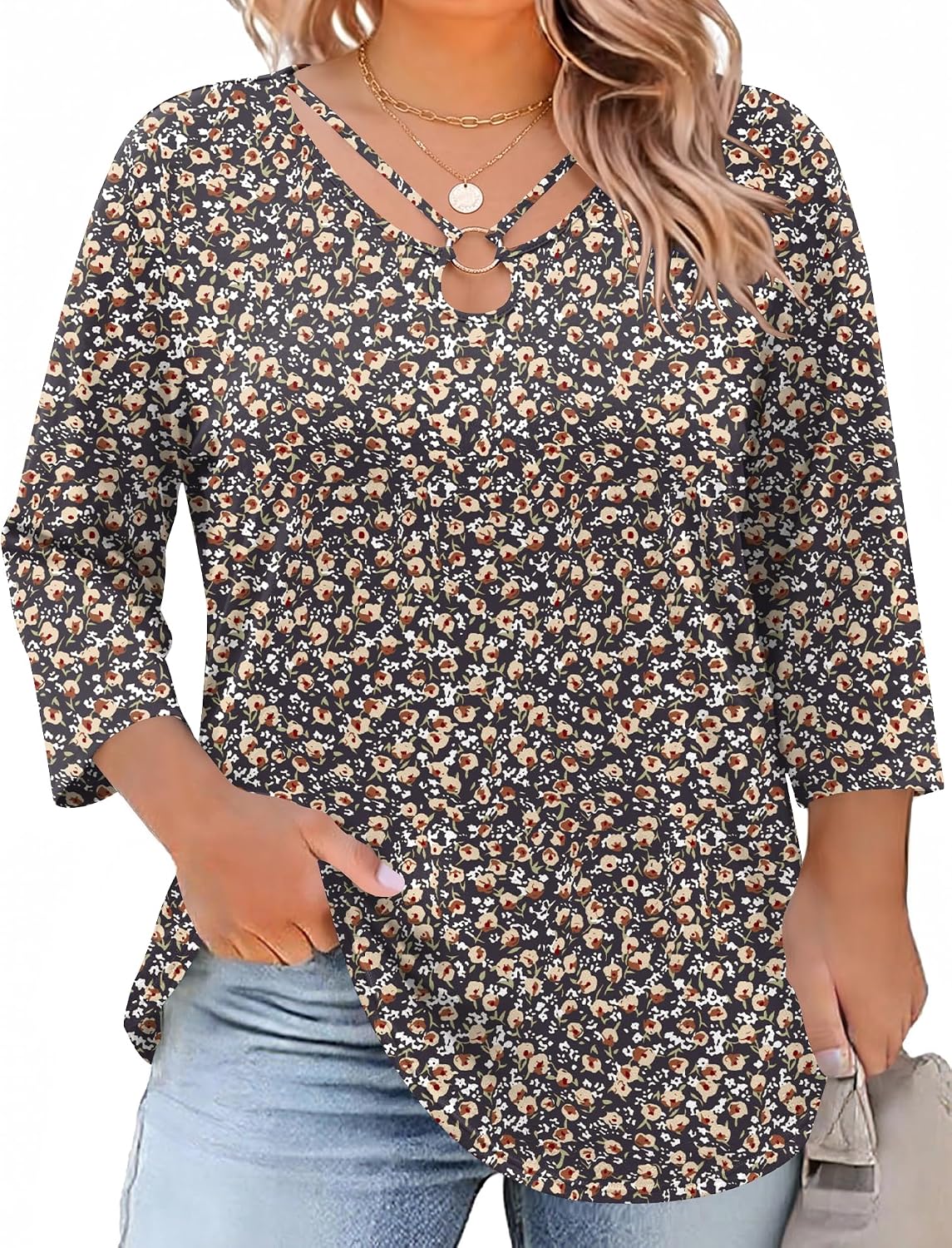 Rapbin Womens Plus Size Tops 3/4 Sleeve Shirts Summer Cut Out Ring Keyhole Neck Dressy Casual Loose Tunic Tops 1X-5X