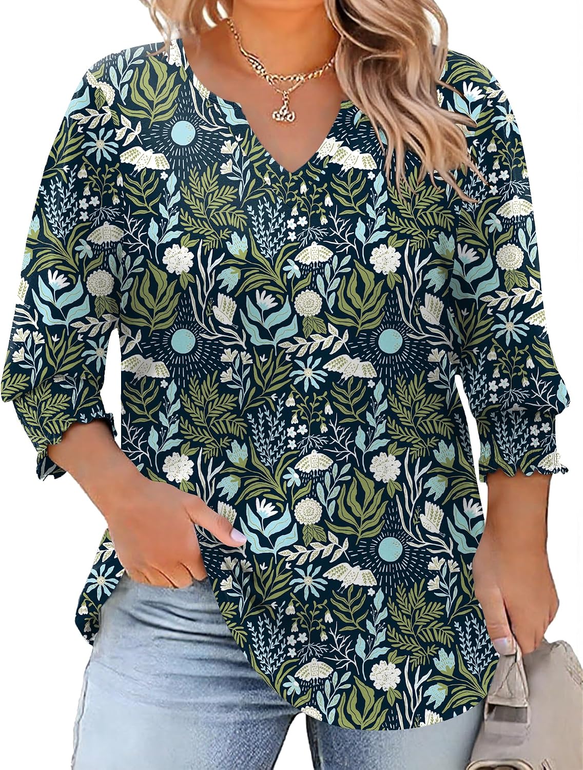 Rapbin Womens Plus Size Tops 3/4 Sleeve Blouses Shirts Casual V Neck Loose Tunic Tops 1X-5X