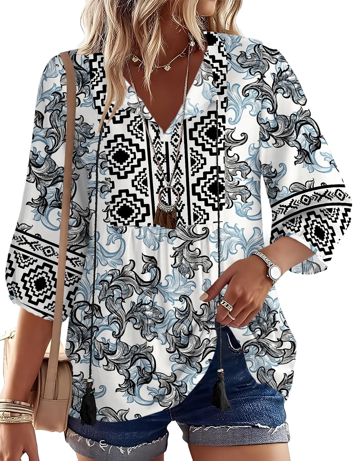 Rapbin Women Summer Boho Tops 3/4 Sleeve Pleated Blouses Casual V Neck Tie Front Spring Tunic Tops
