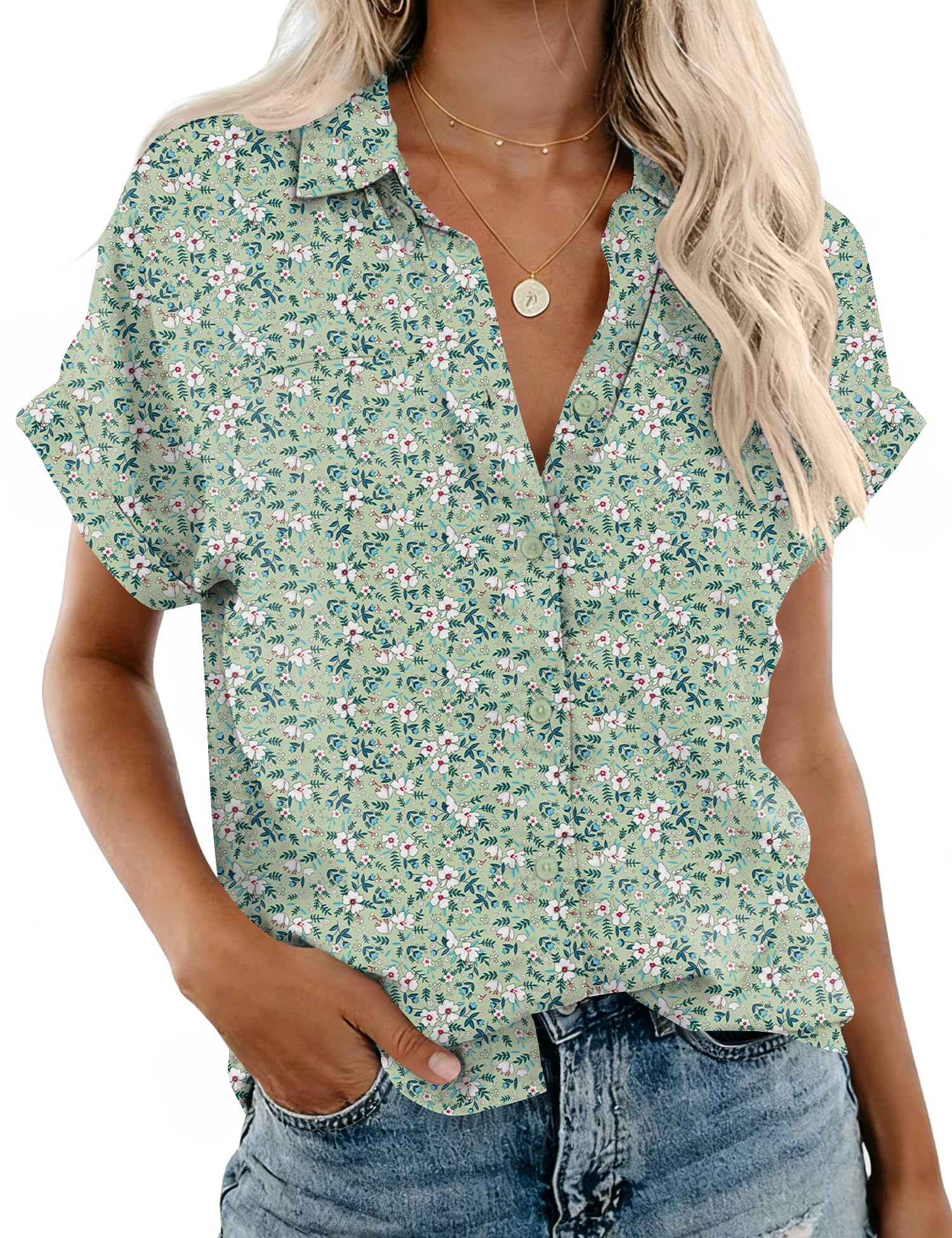 Rapbin Women's Button Down Shirt Short Sleeve Casual Blouse Shirts V Neck Collared Tops