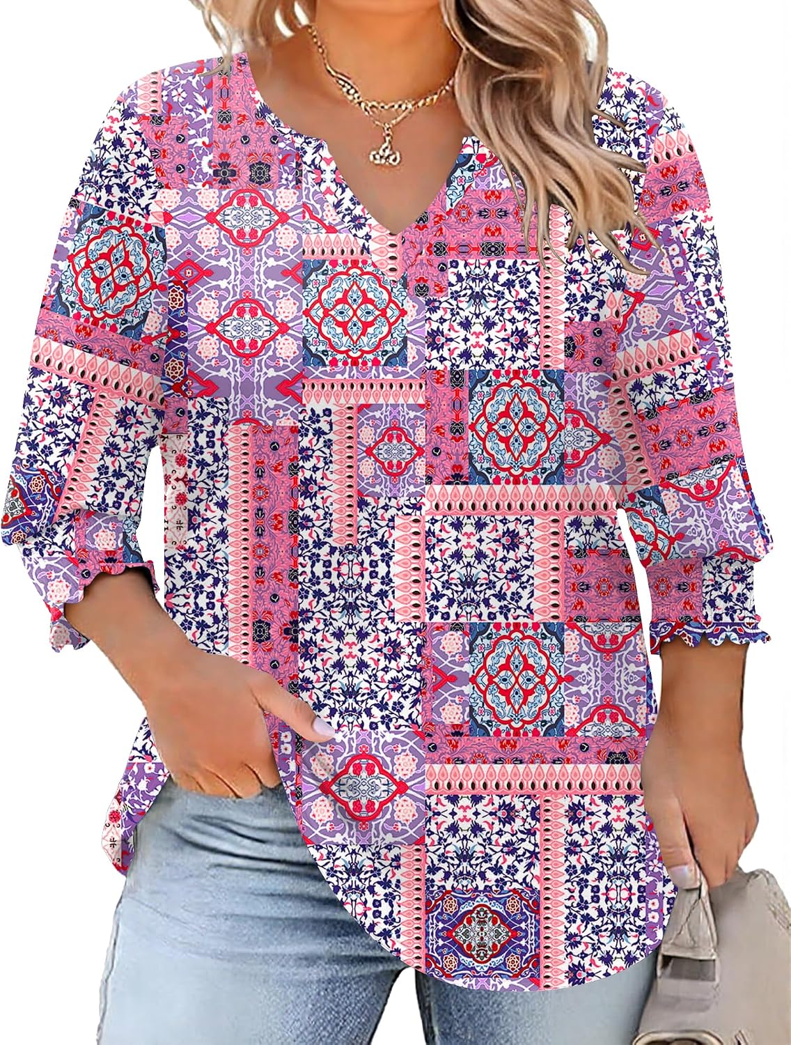 Rapbin Womens Plus Size Tops 3/4 Sleeve Blouses Shirts Casual V Neck Loose Tunic Tops 1X-5X